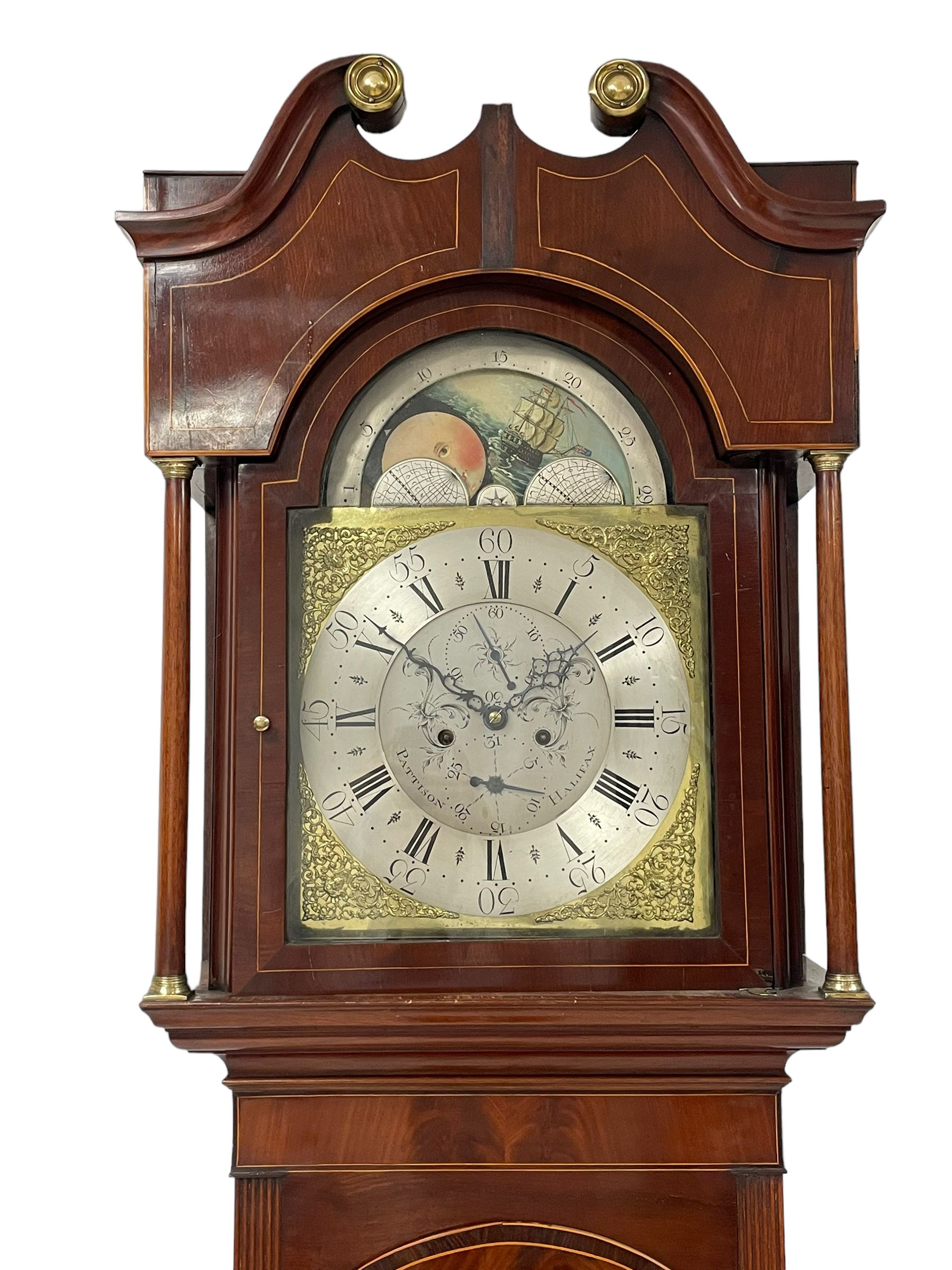 Pattison of Halifax - Late 18th century mahogany 8-day longcase clock, With a swans necked pediment and brass patera, recessed break arch hood door beneath flanked by plain turned pilasters with brass capitals, trunk with satinwood inlay, reeded columns and a curved top door with an ivory escutcheon, conforming plinth raised on bracket feet, brass dial with a rolling moon to the arch, cast spandrels , engraved and silvered dial centre  and chapter ring, chapter with Roman numerals, five minute Arabic's and minute markers, makers name to the dial centre with seconds and date work, dial pinned to a rack striking movement, striking the hours on a cast bell. With weights and pendulum. John Pattison is recorded as working in Halifax c1783.   

This item has been registered for sale under Section 10 of the APHA Ivory Act