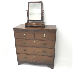  Early 19th century inlaid mahogany chest, two short and three long drawers, shaped bracket supports (W101cm, H108cm, D48cm) and toilet mirror (2)  