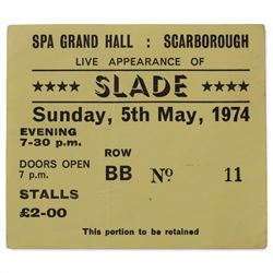 1970s Slade autograph, including Noddy Holder, Jim Lea and Don Powell, acquired at The Futurist theatre, with corresponding ticket for the concert at the Spa Grand Hall, Scarborough 5th May 1974