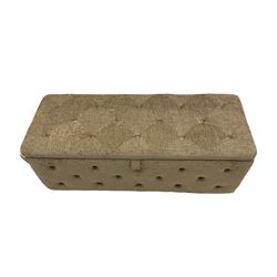 Storage ottoman with hinged lid, upholstered in buttoned grey fabric