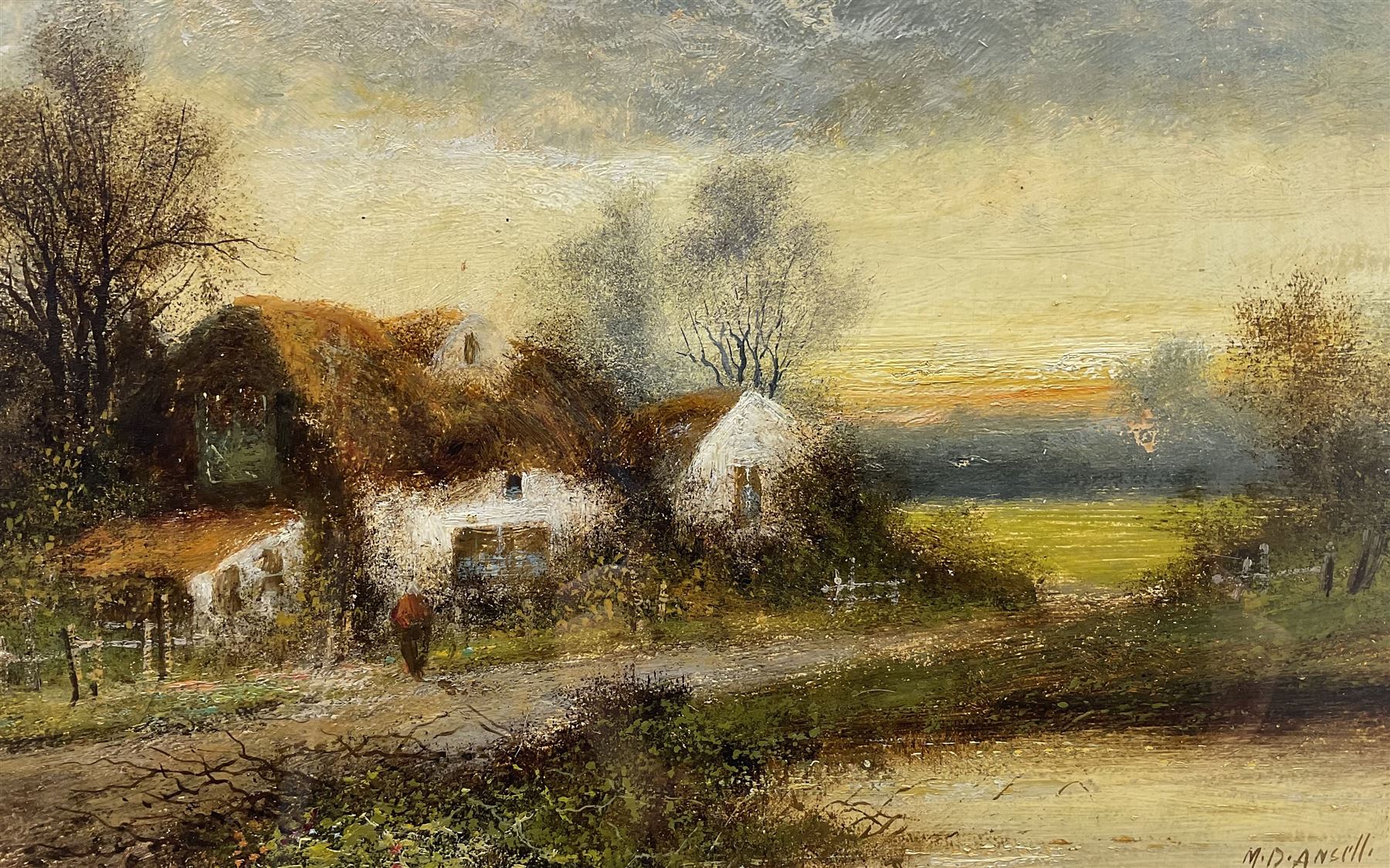 MD Ansell aka Francis E Jamieson (British 1895-1950): Walking at Sunset, oil on board signed 22cm x 34cm 