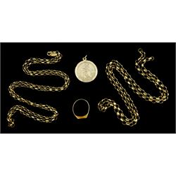 Gold belcher chain links, gold St Christopher's pendant and a gold onyx ring, all 9ct