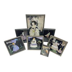 Seven 1930's butterfly wing pictures, mainly of ladies in period dress, one signed Dorothy Buckley, largest H18cm