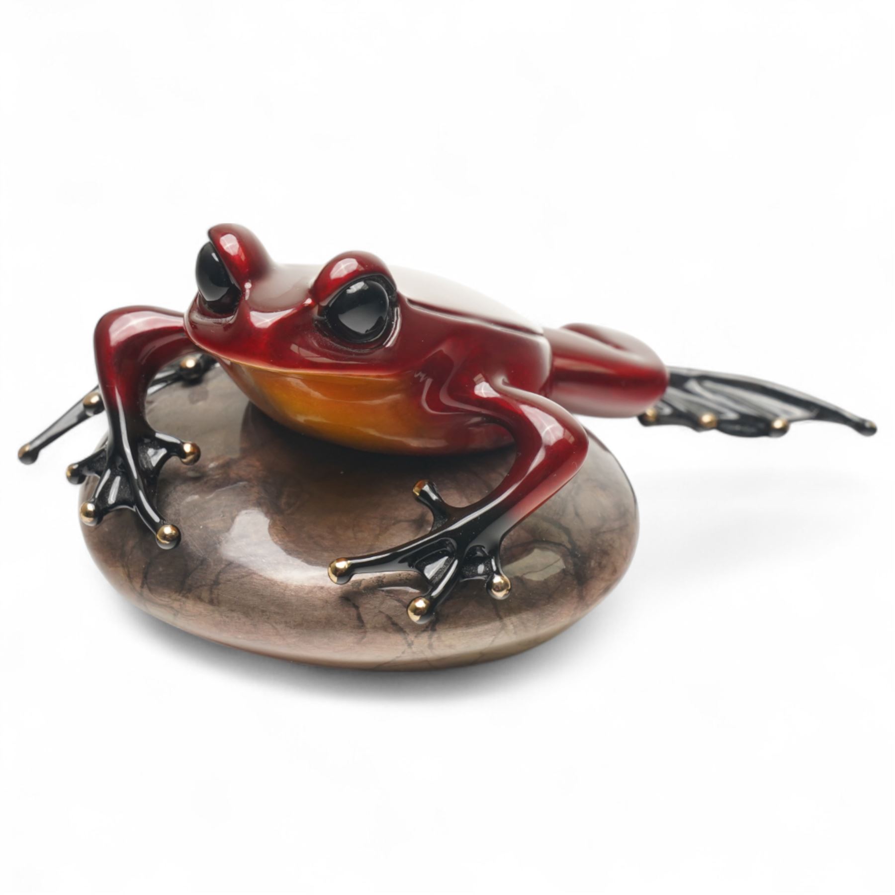 Tim Cotterill aka Frogman (British 1950-): 'Rockefeller', limited edition red patina coated solid bronze sculpture depicting a frog resting on a rock, impressed 'Frogman', signed and dated 2013, and numbered edition 661/2500 to base, W10cm 