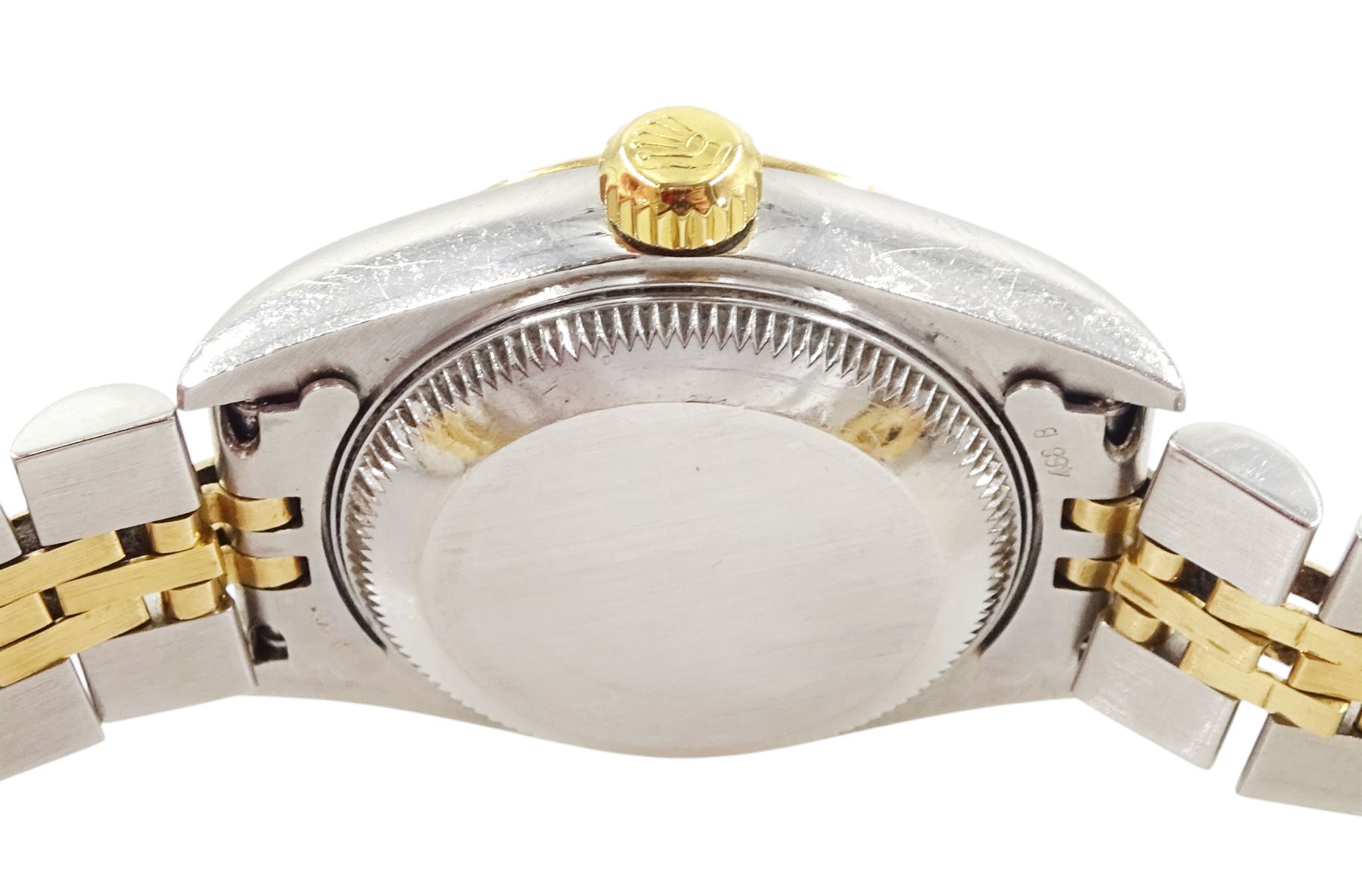 Rolex Oyster Perpetual DateJust ladies stainless steel and gold automatic wristwatch, circa 2000, Ref. 79173, serial No. P551650, silvered dial with baton hour markers,  on Rolex Jubilee stainless steel and gold bracelet, with fold-over clasp, boxed with papers