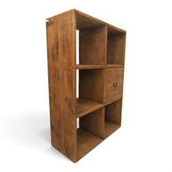 Indigo Furniture - rustic oak shelving unit with cupboard, with five open shelves and one drawer with metal cup handle