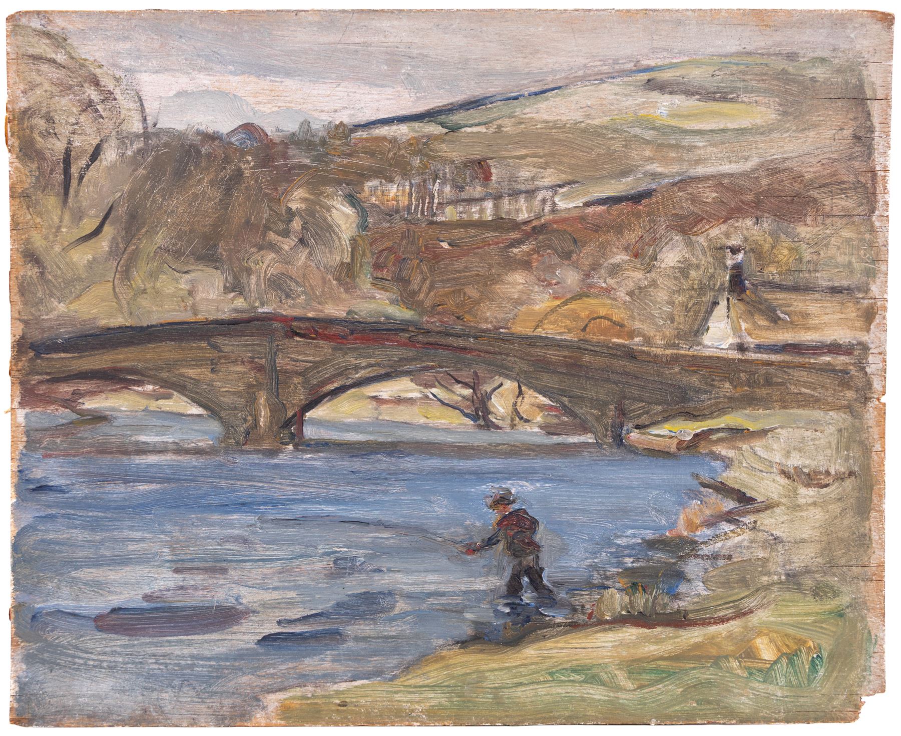Florence Adelina Hess (Staithes Group 1891-1974): Angler and Bridge, oil on panel unsigned 23cm x 28cm (unframed) 
Provenance: exh. City of Bradford Corporation Art Gallery, Cartwright Memorial Hall, no.37, label verso; from the collection of Doris Bilbrough (née Sykes), cook to the Hess household in the 1930s, thence by descent through the family.