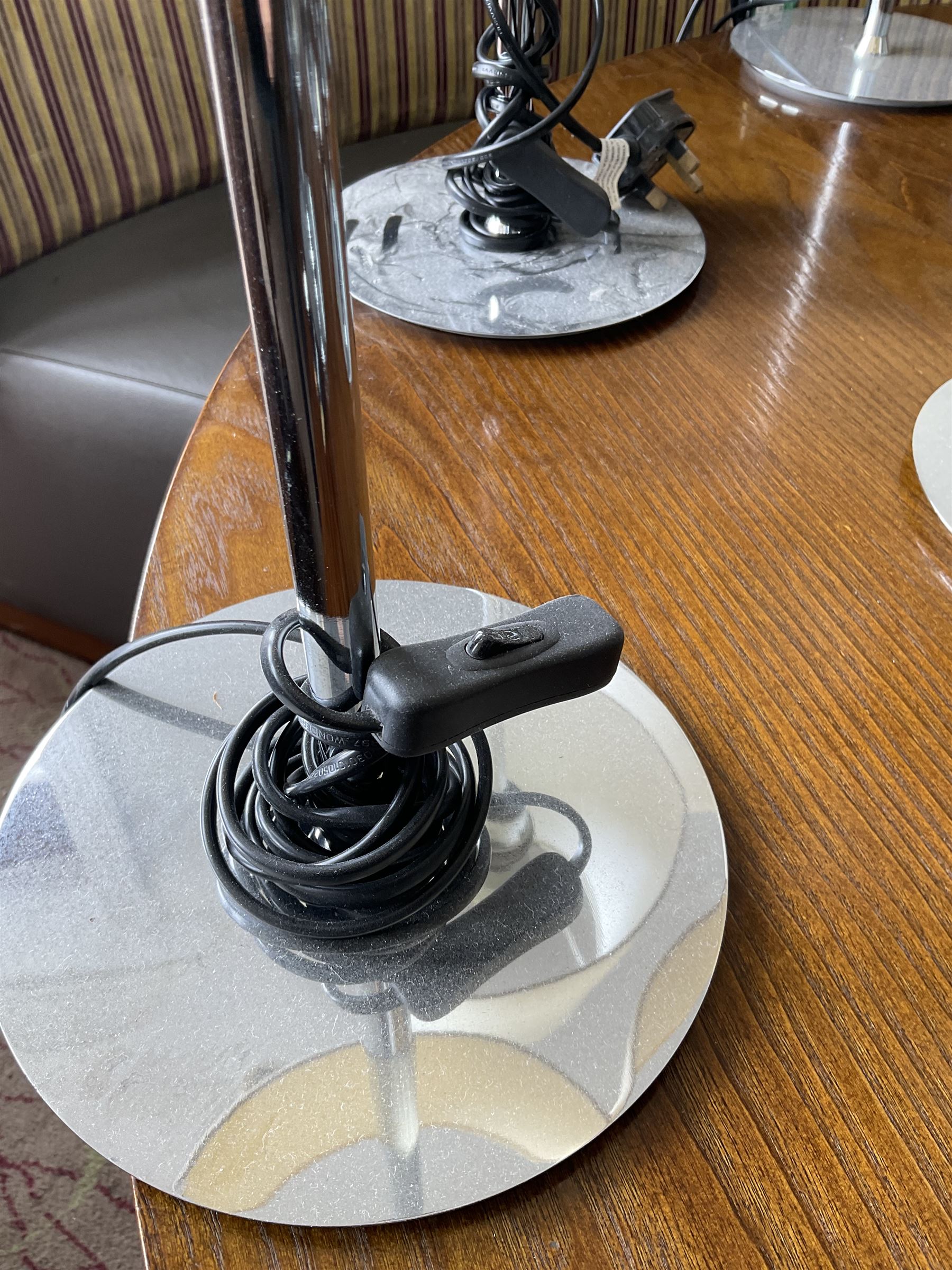 Set of twelve chrome table lamps with various shades (12)- LOT SUBJECT TO VAT ON THE HAMMER PRICE - To be collected by appointment from The Ambassador Hotel, 36-38 Esplanade, Scarborough YO11 2AY. ALL GOODS MUST BE REMOVED BY WEDNESDAY 15TH JUNE.