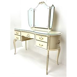 French style cream and gilt kidney shaped dressing table with triple mirror 
