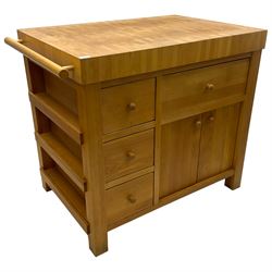 Large contemporary butchers block, rectangular top, fitted with four assorted drawers and double cupboard, on square feet