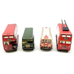 Wells Brimtoy/Pocketoy - eight tin-plate/clockwork or friction-drive vehicles comprising London Trolley Bus, two Double Decker buses, Tour Coach, Greenline Coach, open truck, boxed British railways van and Steam Roller; seven unboxed; and Pocketoy die-cast clockwork saloon car  (9)