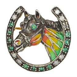 Horseshoe and enamelled horses head brooch set with emeralds and diamonds