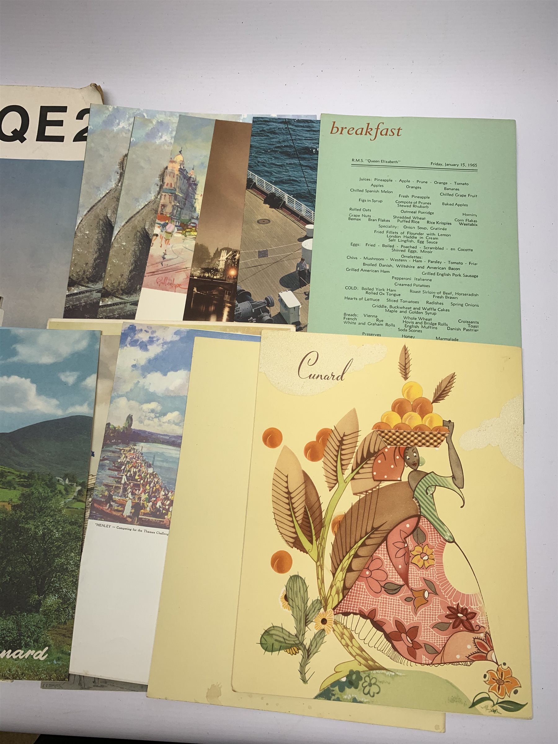 Cunard Liners memorabilia - RMS Queen Elizabeth, thirty menus January 1965; RMS Queen Mary, five menus September 1956 and voyage souvenir book; other menus etc October 1964 for both vessels; QE2 menu May 1969 and booklet