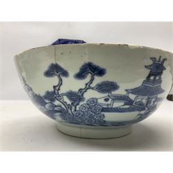 19th century Chinese blue and white bowl decorated with  pagoda river scenes, together with three plate oriental blue and white ceramics 