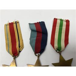 Group of five WWII medals comprising 1939-45 War Medal, Defence Medal and Italy, Africa and 1939-45 Stars; all with ribbons (5)