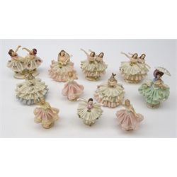  Eleven small Dresden crinoline ballerina figures and other similar ladies H13cm max(11)  