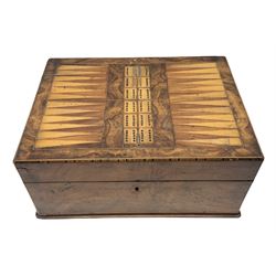 Victorian walnut sewing box, the hinged lid decorated with inlaid backgammon and cribbage board lifting to reveal lined compartmented interior with lift out tray