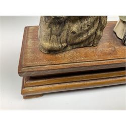 Japanese parquetry puzzle box L12cm; another Japanese puzzle box with marquetry top of Mount Fuji; eleven graduated Chinese figures including immortals; and Chinese figure of a lady standing on a hardwood base next to a horn table (14)