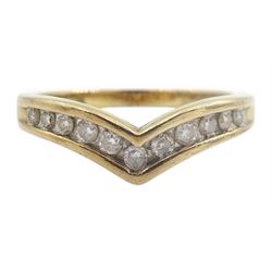 9ct gold channel set, round brilliant cut diamond wishbone ring, hallmarked