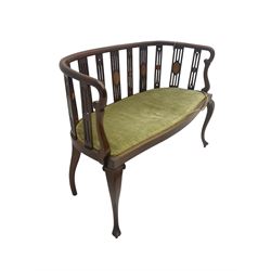 Edwardian inlaid mahogany salon settee or bench, the pierced and inlaid splat back over serpentine front, seat upholstered in laurel green velvet, raised on cabriole supports with satinwood stringing
