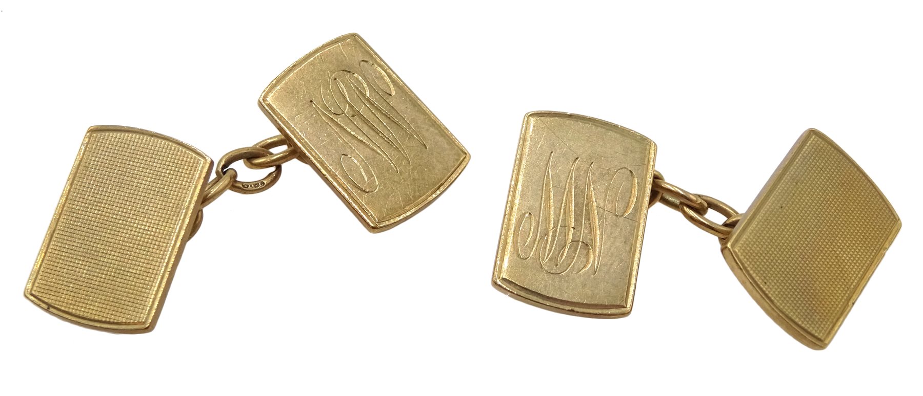  Pair of 9ct gold cufflinks, engine turned decoration and engraved initials 'NW' approx 10.28gm  