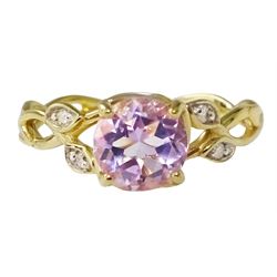 9ct gold single stone round lavender amethyst ring, with crossover openwork shoulders, set with diamonds, hallmarked