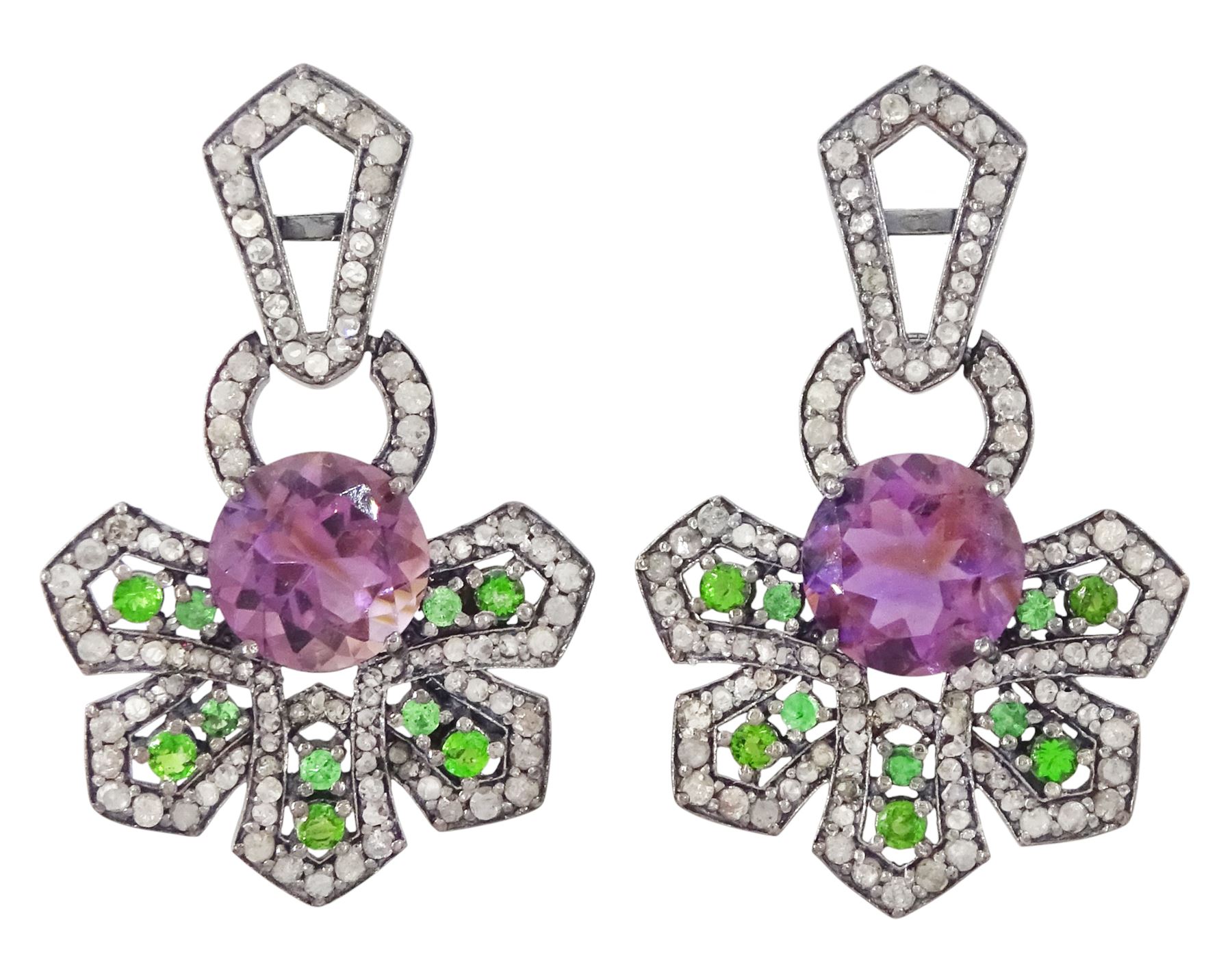 Pair of silver black rhodium plated amethyst, chrome diopside and diamond geometric earrings, each stud with a round brilliant cut amethyst, surrounded by diopsides and diamonds, suspending from a diamond set bail, total amethyst weight approx 5.00 carat, total diopside weight approx 1.00 carat, total diamond weight approx 1.85 carat