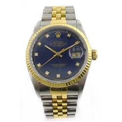  Rolex Oyster Perpetual Datejust wristwatch, blue vignette diamond dial on 18ct gold and stainless steel Jubilee bracelet, model 16013 no 9393595   