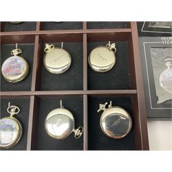 Twenty-three Glory of Steam Atlas Editions silver plated pocket watches, to include The Scottish Horse, Merchant Navy Class, etc, with wood display case, all boxed, twenty one with certificates