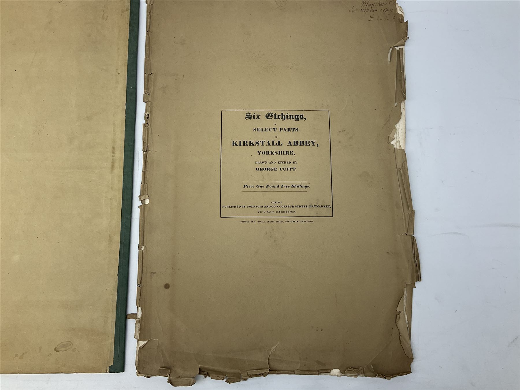 George Cuitt Jnr (British 1779-1854): 'Select parts of Kirkstall Abbey', complete set six etchings signed titled and dated 1823 in the plate, oblong folio; J Metcalf and J Carmichael (British 18th/19th century): 'Fountains Abbey Intended To Illustrate The Architecture And Pictureseque Scenery Of That Celebrated Ruin', seven etchings (one missing) pub. 1832 with Historical and Architectural Description by T Sopwith, oblong folio; Augostino Aglio (Italian 1777-1857): 'Sketches of the Interior & Temporary Decorations in Woolley-Hall Yorkshire', complete set 22 lithographs dated 1821, pub. by the artist, oblong folio max 54cm x 37cm (3)