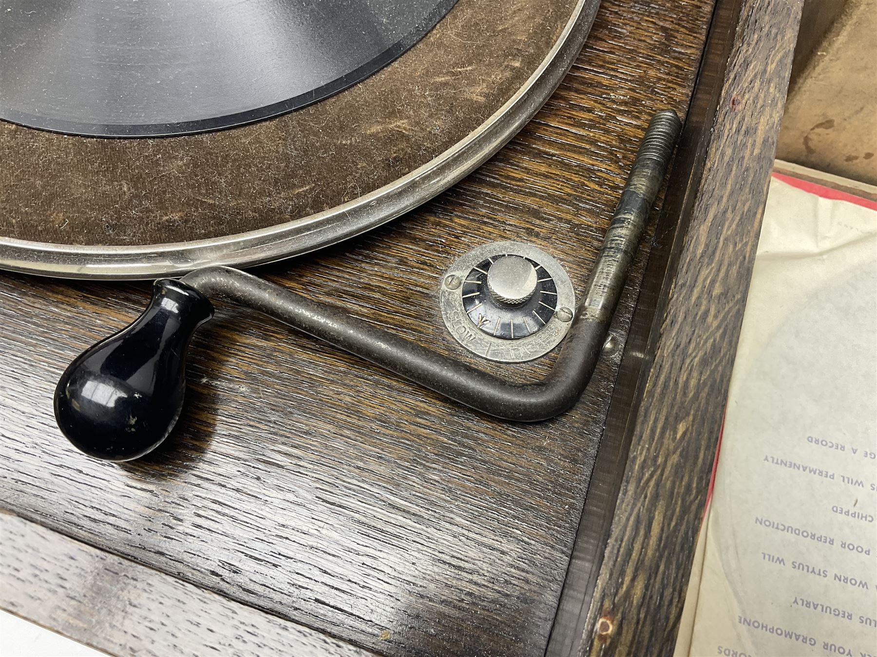 Columbia Grafonola tabletop hornless gramophone, with detachable winding handle, together with a collection of records 