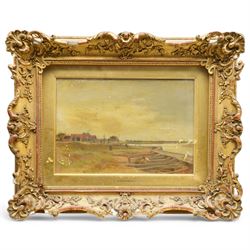 James Aumonier (British 1832-1911): Boats Moored on the Norfolk Broads, oil on canvas signed and dated 1877, i n antique gilt and gesso swept frame 20cm x 29cm