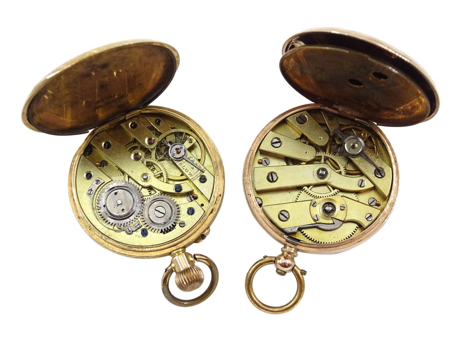 Gold open face ladies keyless cylinder fob watch stamped K14 and one other rose gold open face key wound ladies cylinder pocket watch, stamped 9K, both with white enamel dials with Roman numerals and gold decoration (2)