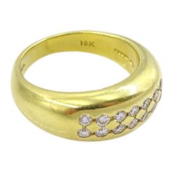 18ct gold two row diamond ring, fourteen round brilliant cut diamonds, in a rubover setting, hallmarked
