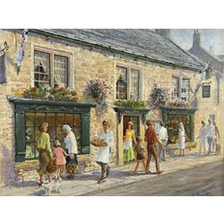Larry Feather (British 20th century): 'Bakewell Pudding Shop', oil on canvas signed, labelled verso 34cm x 44cm