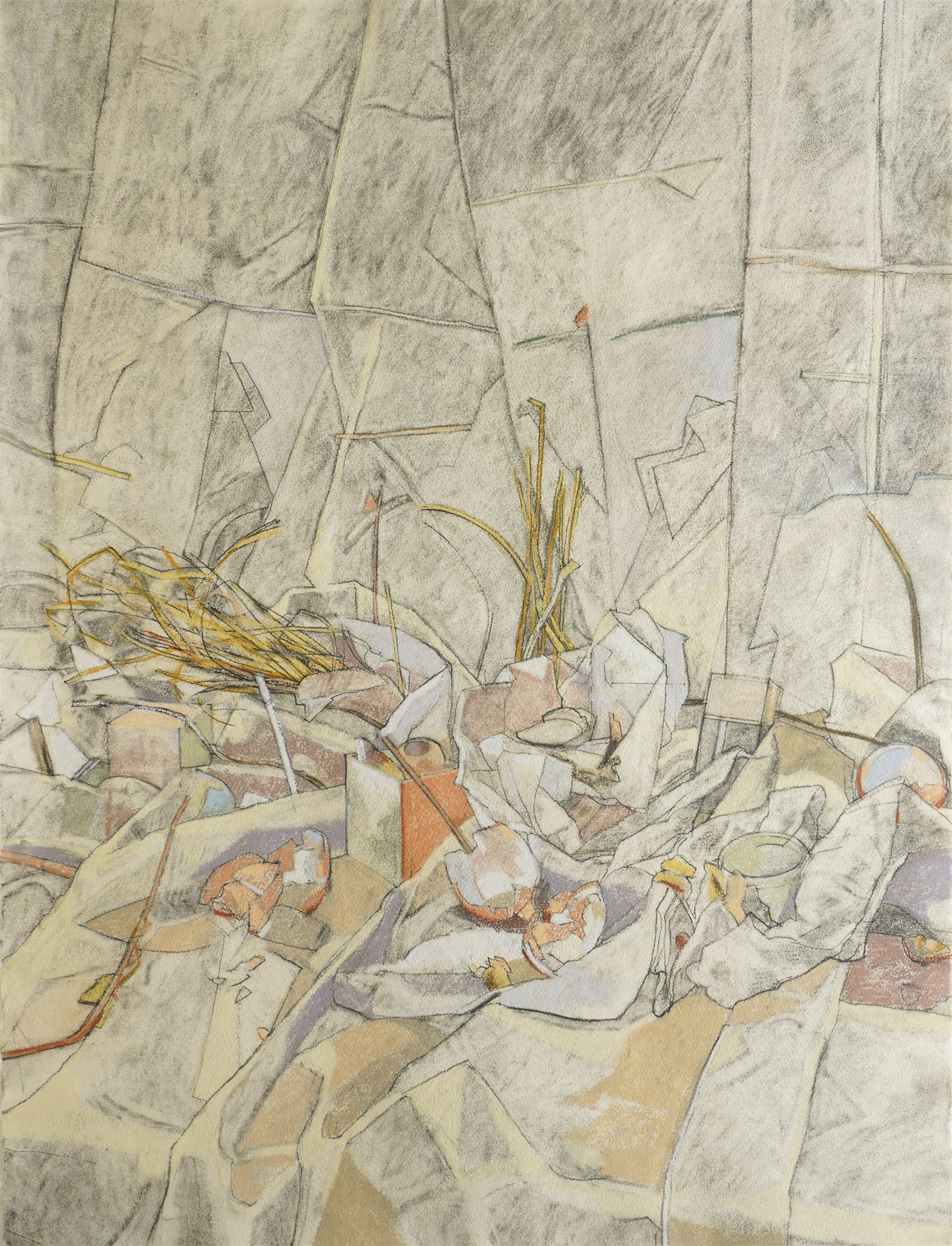 Ann (Anderson) Seabourne (British 20th century): 'Still Life With Eggshells', pastel with mixed media attributed and titled on label verso 77cm x 57cm