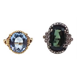 Gold blue paste stone set ring, hallmarked 9ct and a silver Art Deco style green paste stone and marcasite ring, stamped 925