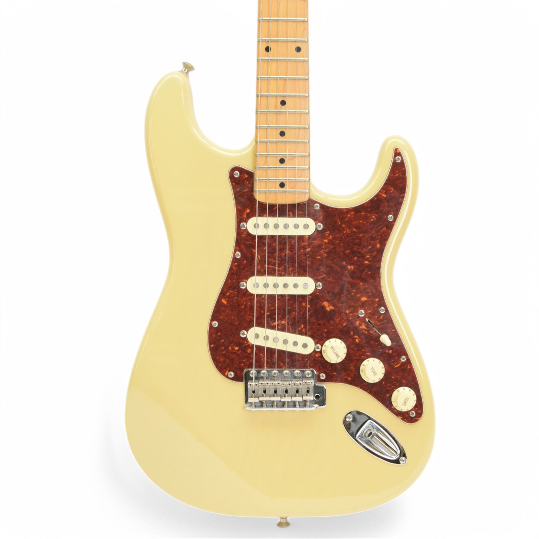 Squier by Fender Pro Tone Series Stratocaster electric guitar, in Olympic White finish, made in Korea serial no. 7034880, contained within a Fender soft case, guitar L98cm