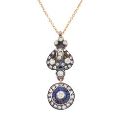 Gold and silver sapphire and diamond pendant, single round brilliant cut diamond, surround...