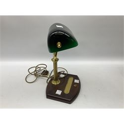 Bankers desk light with green glass shade on a wooden plinth, together with  bankers light with a yellow glass shade, tallest example H40cm