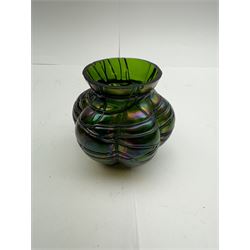 Three Austrian Art Nouveau Kralik iridescent glass vases, to include two of squat baluster form and a taller example, all green with threaded vein decoration to body, tallest H13.5cm