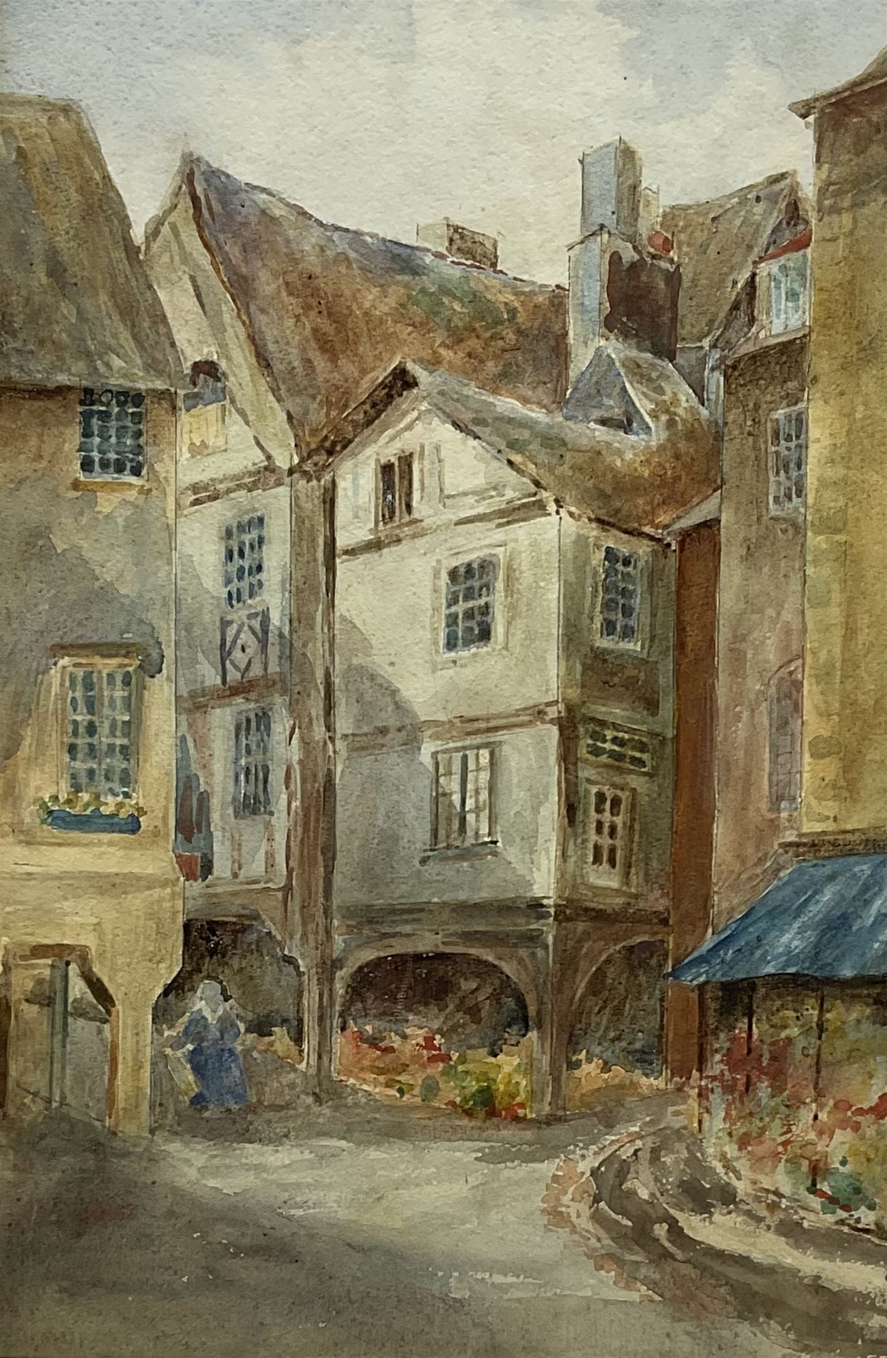Marjorie Holland (British early 20th century): 'Interior of an Old Barn - Little Norton', watercolour signed, titled verso 30cm x 20cm; English School (early 20th century): Street Scene, watercolour unsigned 36cm x 23cm; Continental School (19th/20th century): 19th Century Market Scene, watercolour signed with initials JMC 17cm x 19cm (3)