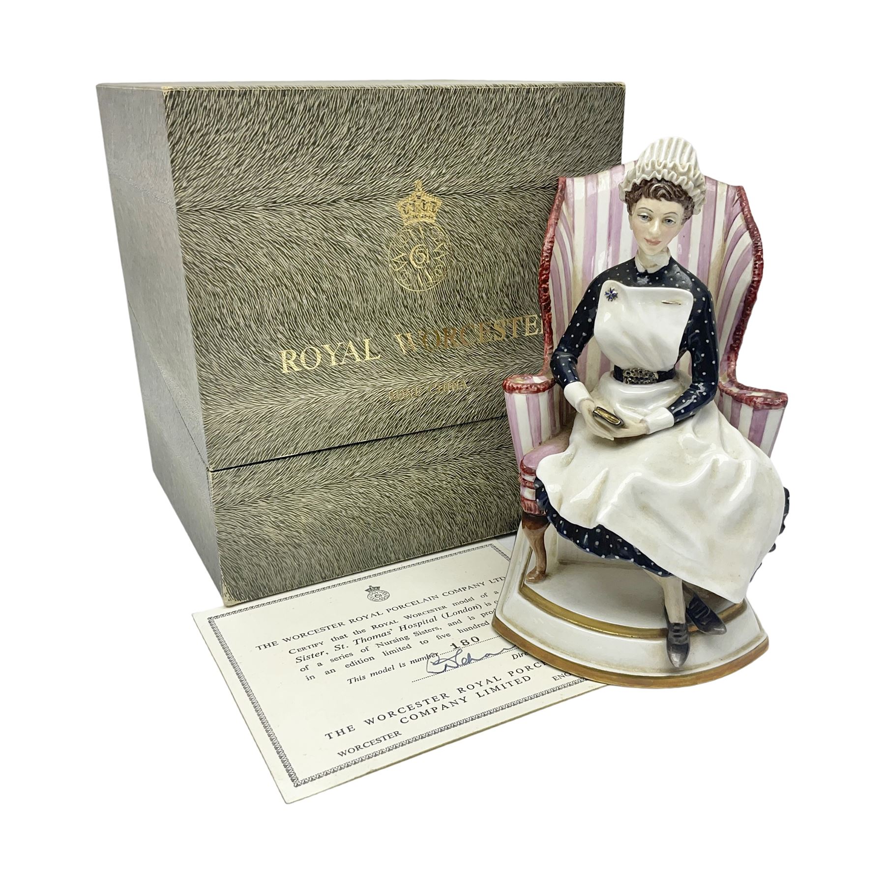 Royal Worcester limited edition figure, Sister St Thomas Hospital (London), no 180/500, modelled as a nurse in uniform, sitting on a striped wingback chair, with printed mark beneath, in original box with certificate, H16cm