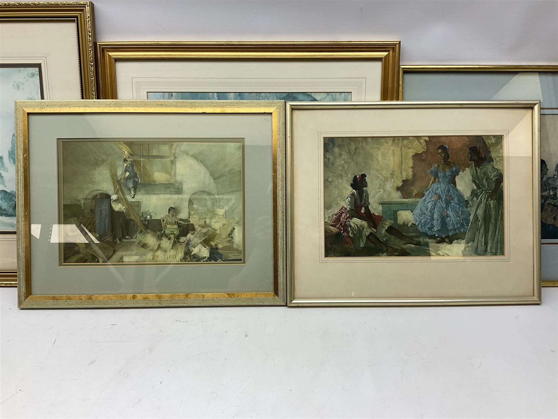 After Sir William Russell Flint (Scottish 1880-1969): 'Negro Dancers – Victoria Ora and Serafina' and 'Basket Makers', pair colour prints together with 7 others after the same hand max 24cm x 35cm (9)