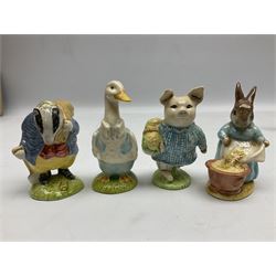 Six Beswick Beatrix Potter figures, comprising Miss Moppet, Tommy Brock, Peter Rabbit, Cecily Parsley, Mr Drake Puddle-Duck, Amiable Guinea Pig, together with four Royal Albert figures, Hunca Munca, Lady Mouse made a curtsy, Little Pig Robinson and Mr McGregor, all with printed mark beneath  (10)