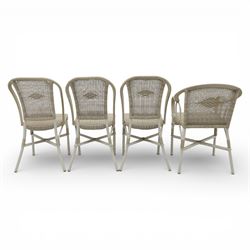 Kok Maison - 20th century French wicker chairs, set of eight including two carvers, with arched woven backs and seats in close cane weave, the frames painted cream, the arms with wrapped wicker detail, raised on turned supports united by cross shaped stretchers
