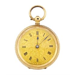 Early 20th century 14ct gold open face, key wound cylinder fob watch, engraved gilt dial w...