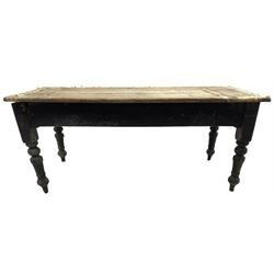 Victorian pine farmhouse dining table, rectangular plank top on painted base, fitted with two end drawers, on turned supports 