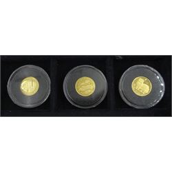 Fifteen gold coins from 'The Smallest Gold Coins of the World Collection', including Isle of Man 1989 1/25 ounce crown, Australia 1991 1/20 ounce five dollars, China 1995 1/20 ounce panda etc