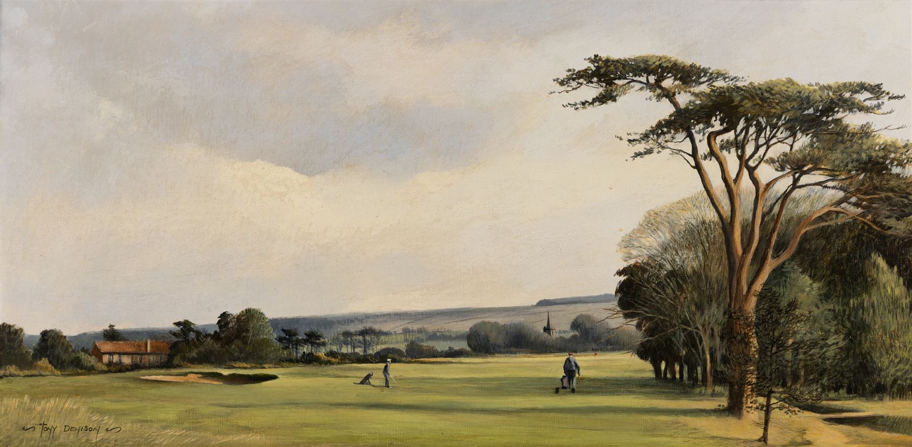 William Anthony 'Tony' Denison (British 1937-): '12th Fairway - Ganton Golf Club', oil on canvas board signed and titled on the mount, 29cm x 59.5cm